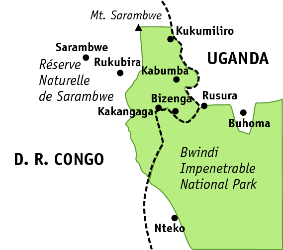 Map of the Sarambwe Reserve with places mentioned in the article (© Angela Meder, adapted from a map by WWF/PeVi)