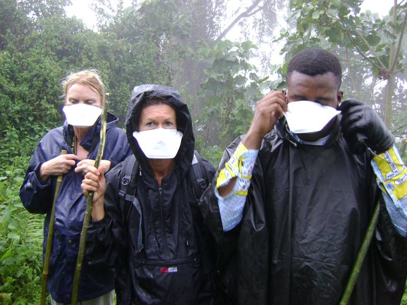 Tourists with masks during their gorilla visit on Mikeno (© www.gorilla.cd)