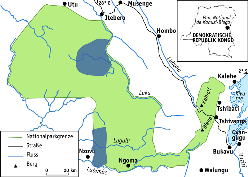The Kahuzi-Biega National Park with the surveyed areas (dark) (© adapted from maps by Radar Nishuli, ICCN, by Angela Meder)
