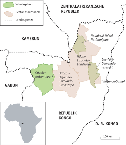 Die in der Studie untersuchten Gebiete und die Gorilla-Schutzgebiete der Region