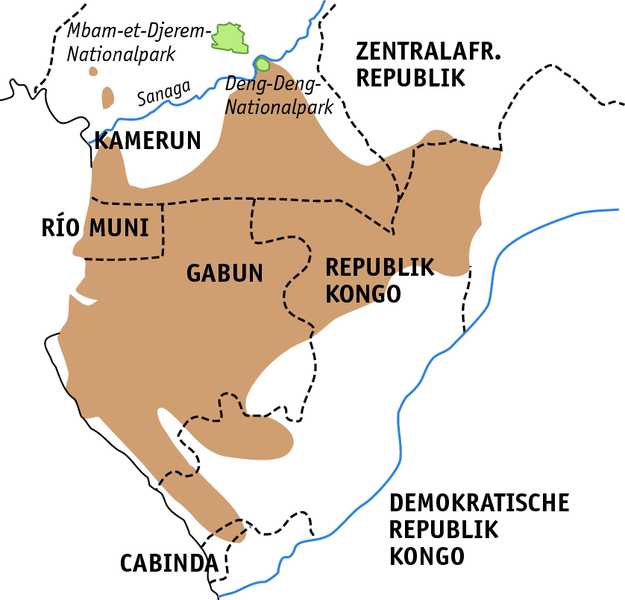 Gorilla-Verbreitungsgebiet und Lage der Nationalparks Deng-Deng und Mbam et Djerem
