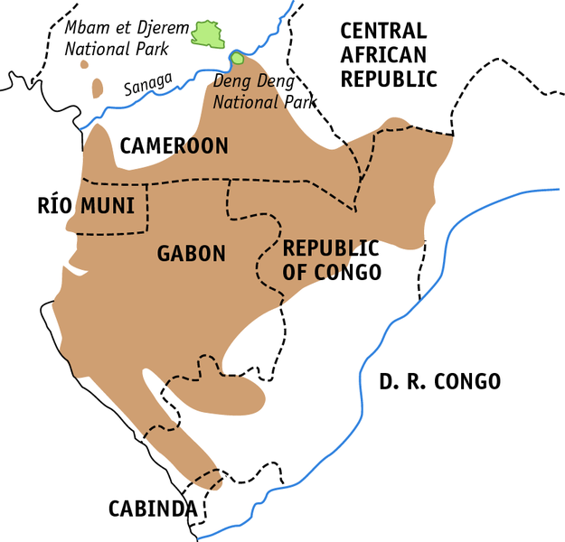 Location of the Deng Deng and Mbam et Djerem National Parks in Cameroon and Gorilla gorilla gorilla distribution (© Angela Meder (information: Fiona Maisels)