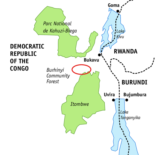 Approximate position of the Burhinyi Community Forest (© Angela Meder based on a map by Dominique Bikaba)