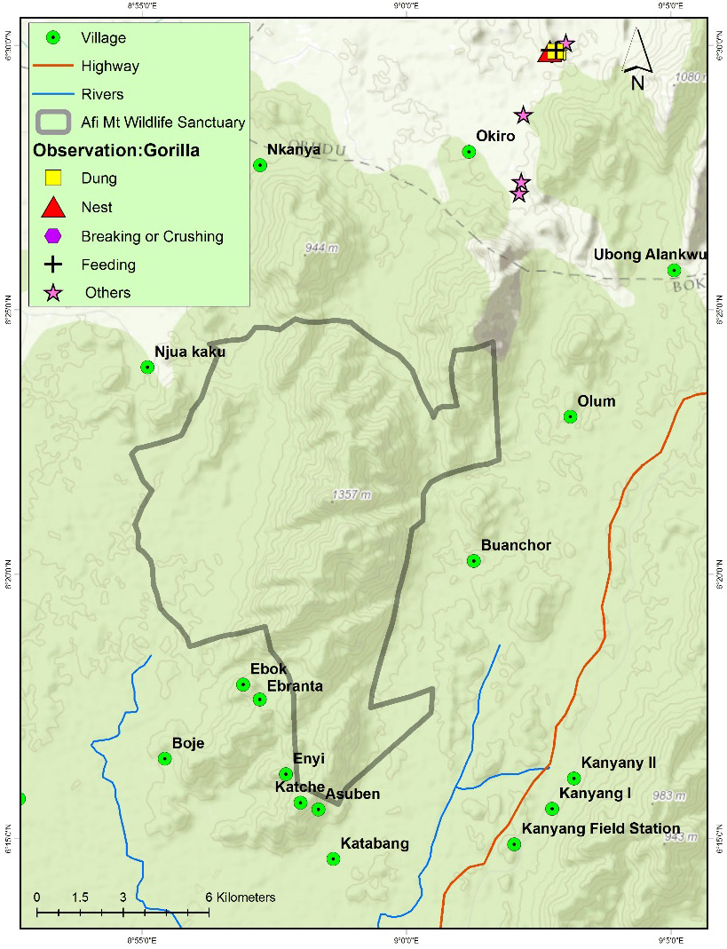 Locations where signs of the gorilla were observed outside the AMWS (© WCS Nigeria)